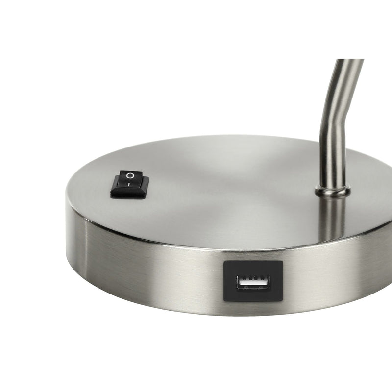 Modern 8th Street nickel table lamp with a silver shade and built-in USB port, featuring a sleek metal design and contemporary style.
