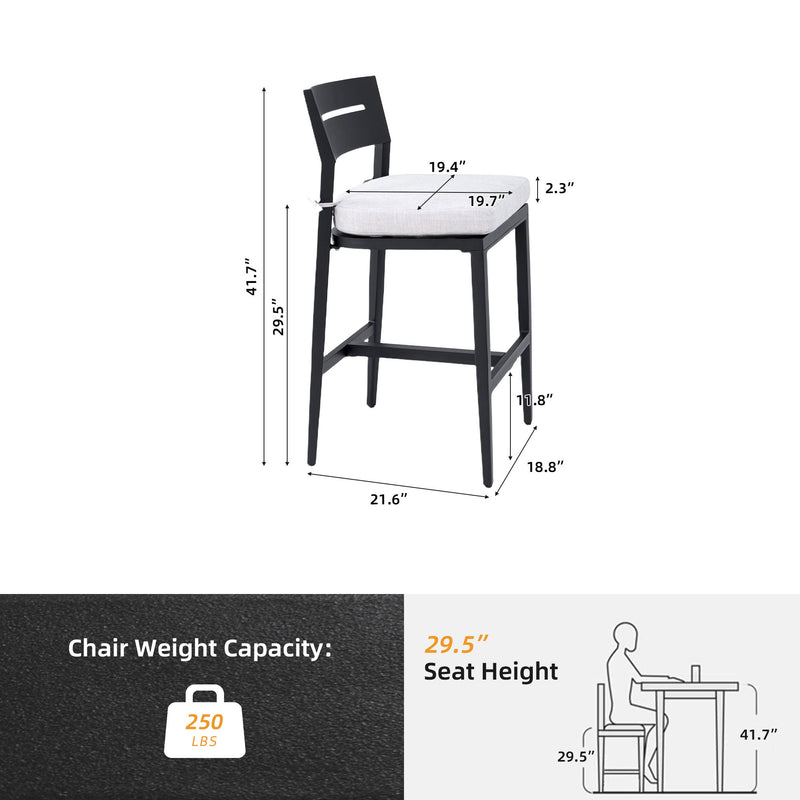 Set of two Life Outside modern outdoor bar stools with backrests and footrests, featuring sleek design and durable metal frames.