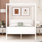 DreamHaus canopy platform bed with headboard, footboard, and slat support legs in a modern bedroom setting.
