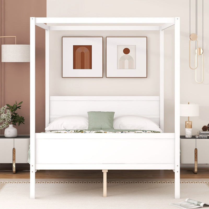 DreamHaus canopy platform bed with headboard, footboard, and slat support legs in a modern bedroom setting.
