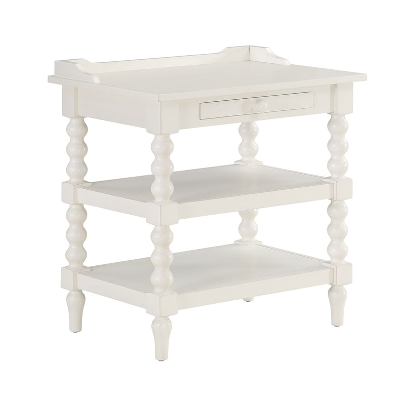 Aria - Nightstand With Styling, 2 Shelves, Pull Out Tray, Spool Turned Legs - Antique White - R&R Furniture Gallery (Fountain Valley, CA)