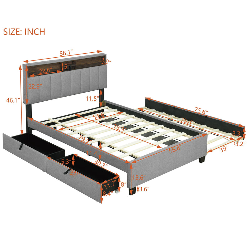 Upholstered Platform Bed With Storage Headboard, Trundle & 2 Drawers And A Set Of Sockets & USB Ports - R&R Furniture Gallery (Fountain Valley, CA)