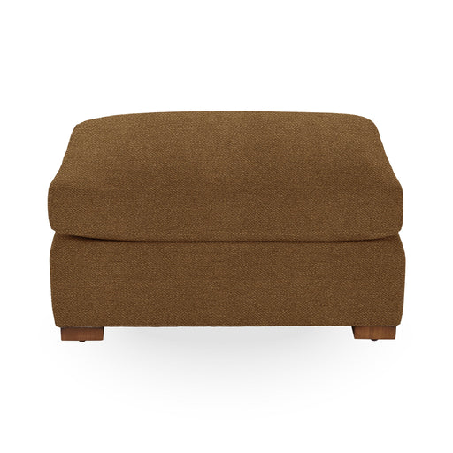 Classic Home Audrey upholstered ottoman with plush fabric and wooden legs, ideal as a versatile footstool or accent piece.