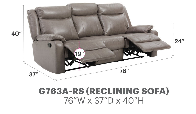 Contemporary three seater reclining sofa by Glory Furniture, showing plush fabric upholstery and adjustable recline features.