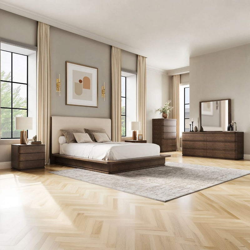 ACME Zoey upholstered bed with a padded headboard and neutral fabric, showcasing a modern bedroom furniture design.