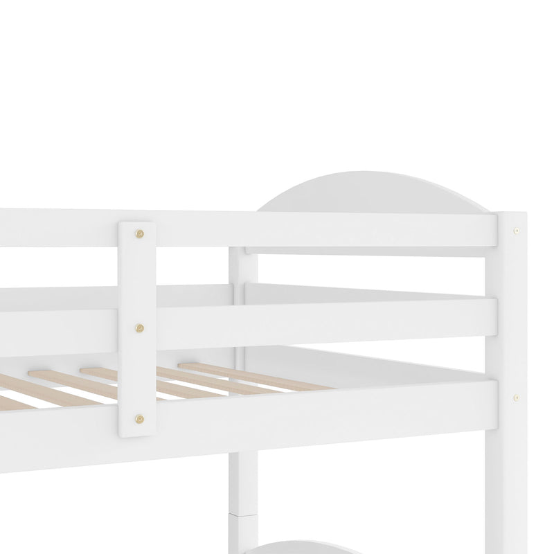 White twin L-shaped bunk bed with trundle from DreamHaus, featuring a sturdy frame and space-saving design for kids' bedrooms.