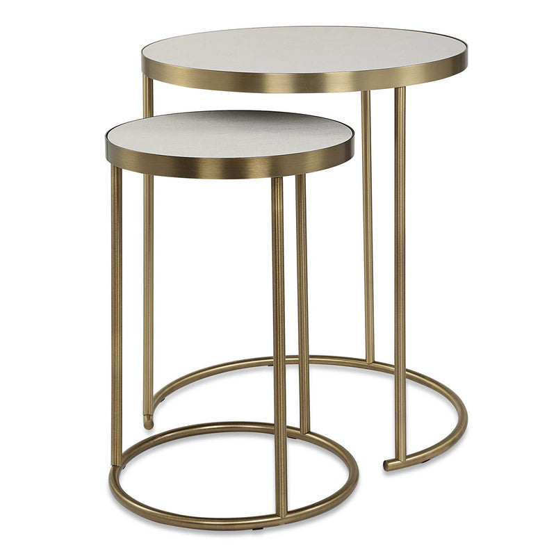 Uttermost Aragon nesting accent tables set of 2 with sleek wood tops and metal frames, perfect for versatile living room decor.