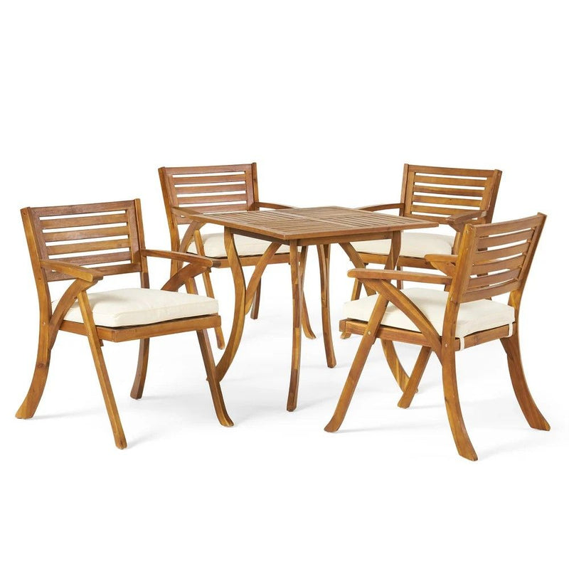 Outdoor Hermosa 5 Piece Wood Dining Set With Cushions - Teak / Beige - R&R Furniture Gallery (Fountain Valley, CA)