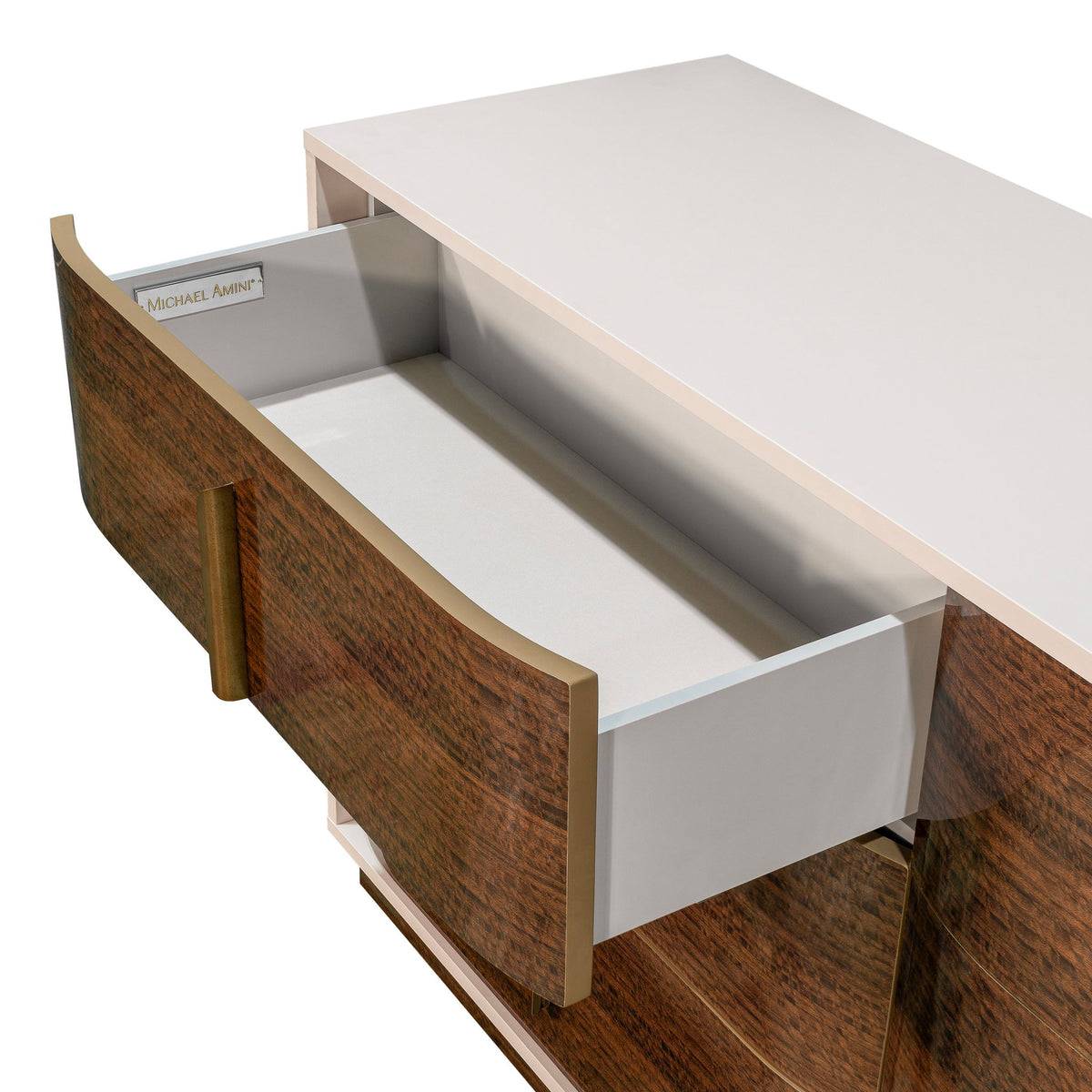 Michael Amini Pavira dresser with matching mirror, featuring sleek wood finish and modern design for stylish bedroom storage.