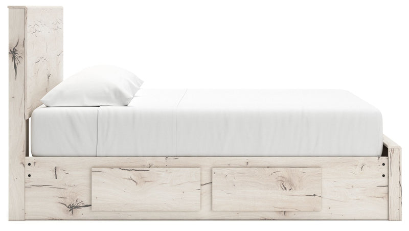 Signature Design by Ashley Lawroy panel bed with built-in storage drawers and a modern wood finish in a bedroom setting.