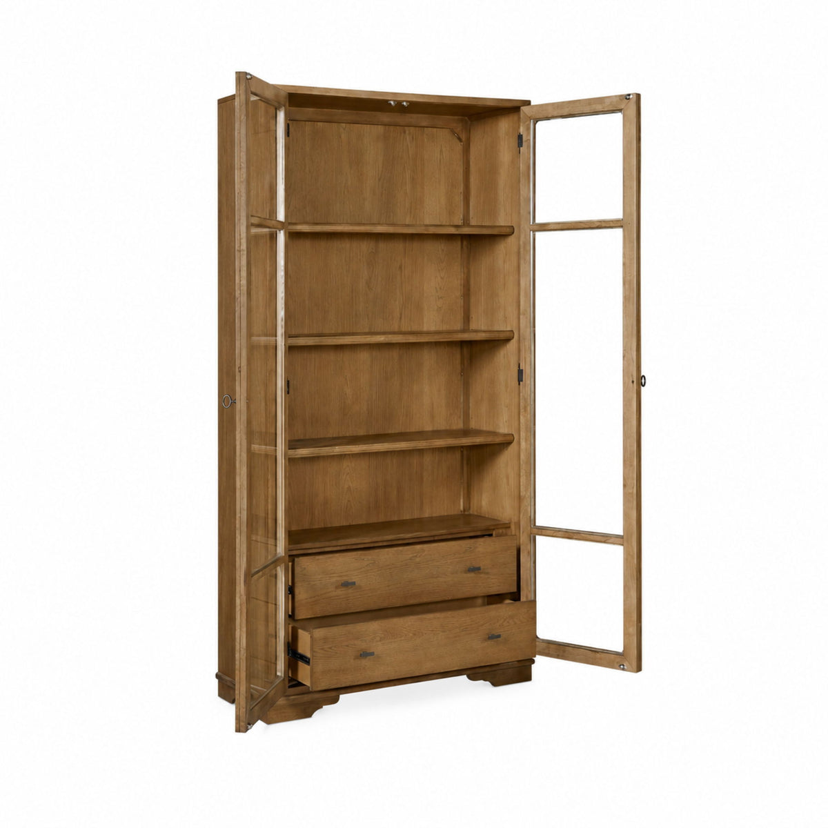 Tall Display Cabinet With Glass Doors And Drawers - Almond