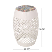 Noble House Roswell outdoor side table with mosaic tile top, featuring a sturdy metal frame and decorative surface for patio use.
