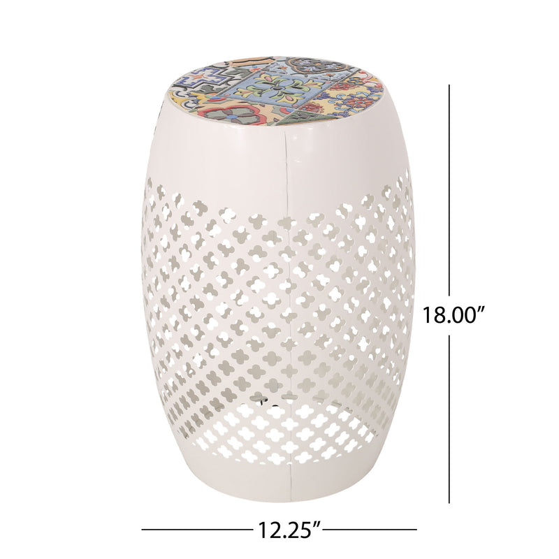 Noble House Roswell outdoor side table with mosaic tile top, featuring a sturdy metal frame and decorative surface for patio use.