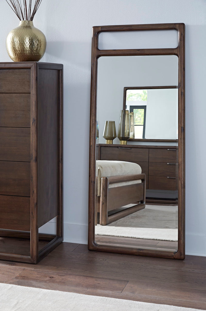 Modus Sol Beveled Glass Floor Mirror in brown with a sleek standalone design and beveled edges, standing upright in a modern space.