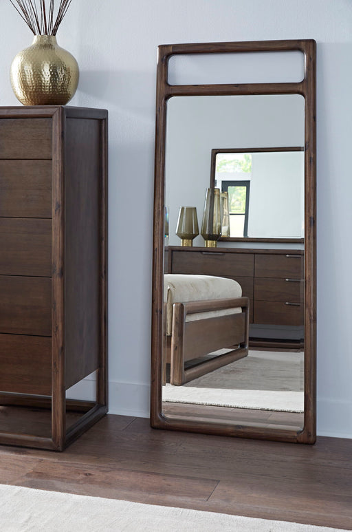 Modus Sol Beveled Glass Floor Mirror in brown with a sleek standalone design and beveled edges, standing upright in a modern space.