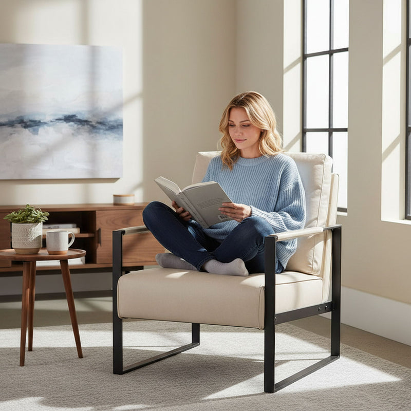 Classic Mid Century Modern Accent Chair With Durable Square Metal Frame, Armchair