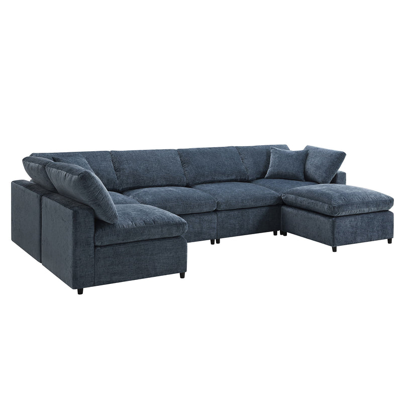 Modern Luxe & Co. modular cloud sofa bed with six seats, U-shaped sectional couch, ottoman, and convertible sleeper for living room.
