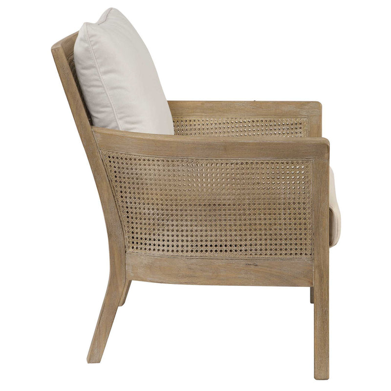 White Uttermost Encore natural armchair with plush cushioning and elegant design, perfect for modern living spaces.