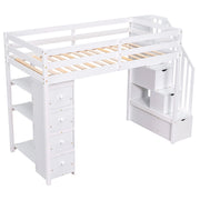 DreamHaus loft bed with built-in storage drawers, stairs with shelves, sturdy wooden frame, ideal for space-saving bedroom furniture.
