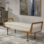 Uttermost Waylon Mid-Century Modern accent bench with wooden frame and upholstered seat, ideal for living room or entryway decor.
