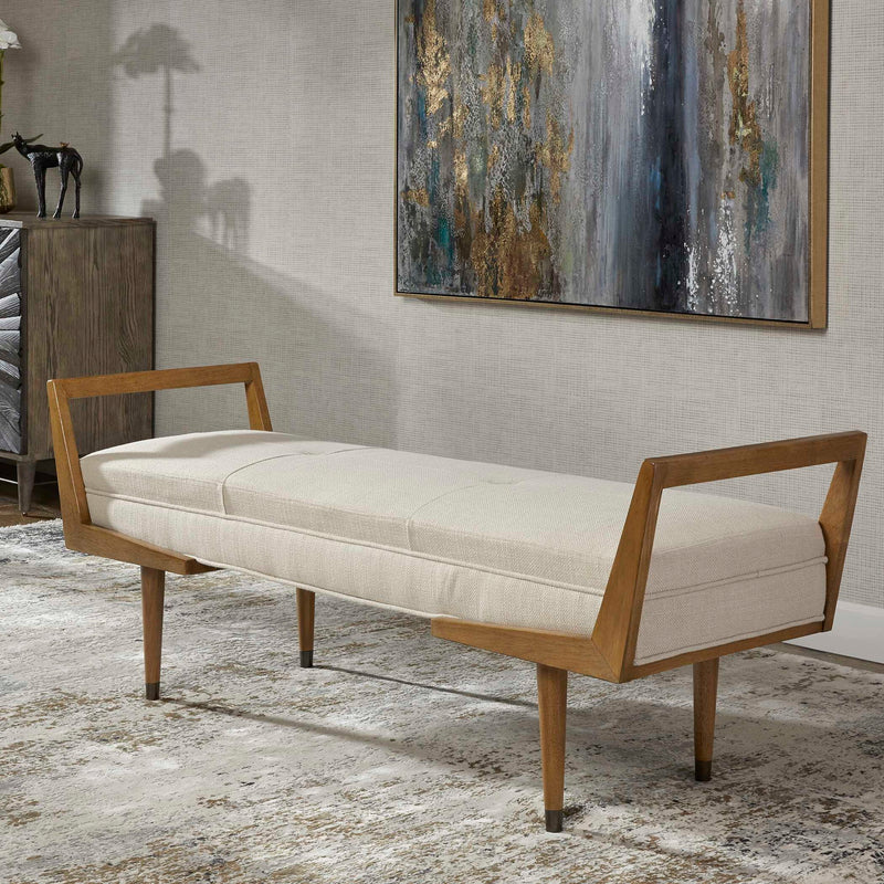 Uttermost Waylon Mid-Century Modern accent bench with wooden frame and upholstered seat, ideal for living room or entryway decor.