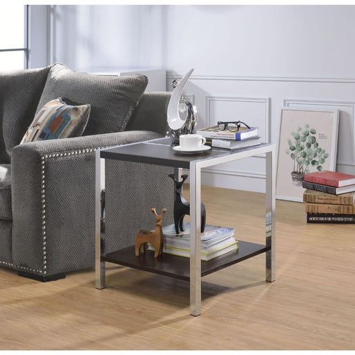 ACME Jethro espresso and chrome end table with a sleek design and a smooth tabletop surface.
