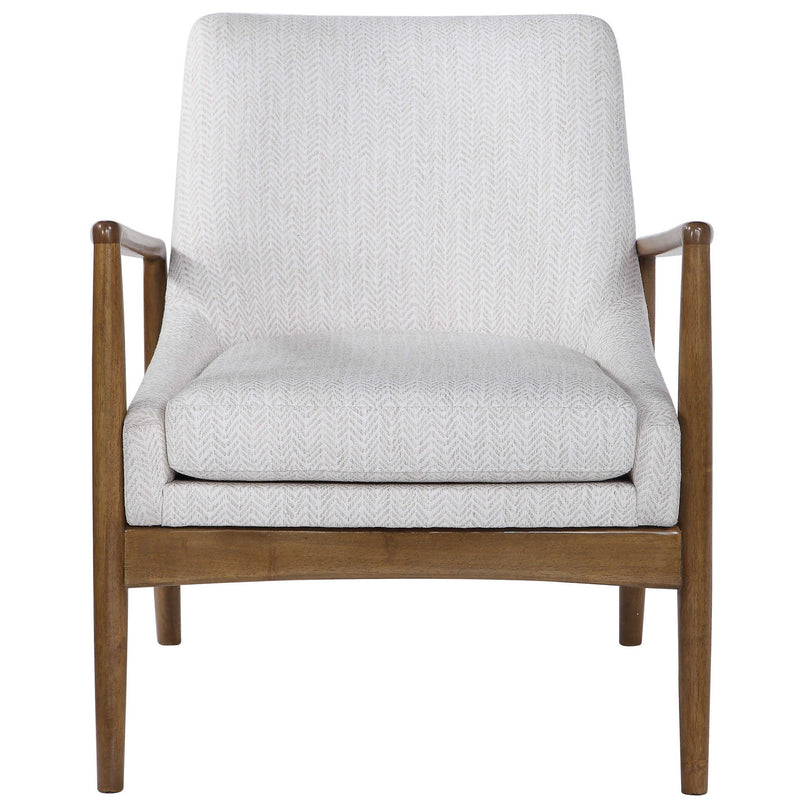 Uttermost Bev white accent arm chair with cushioned seat and sleek modern design, ideal for living rooms or bedrooms.