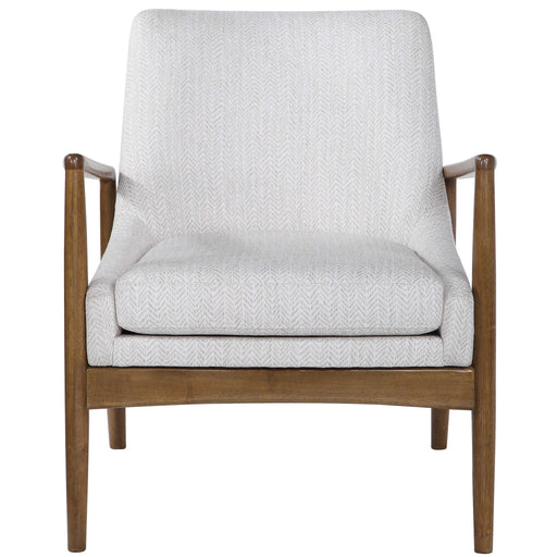 Uttermost Bev white accent arm chair with cushioned seat and sleek modern design, ideal for living rooms or bedrooms.