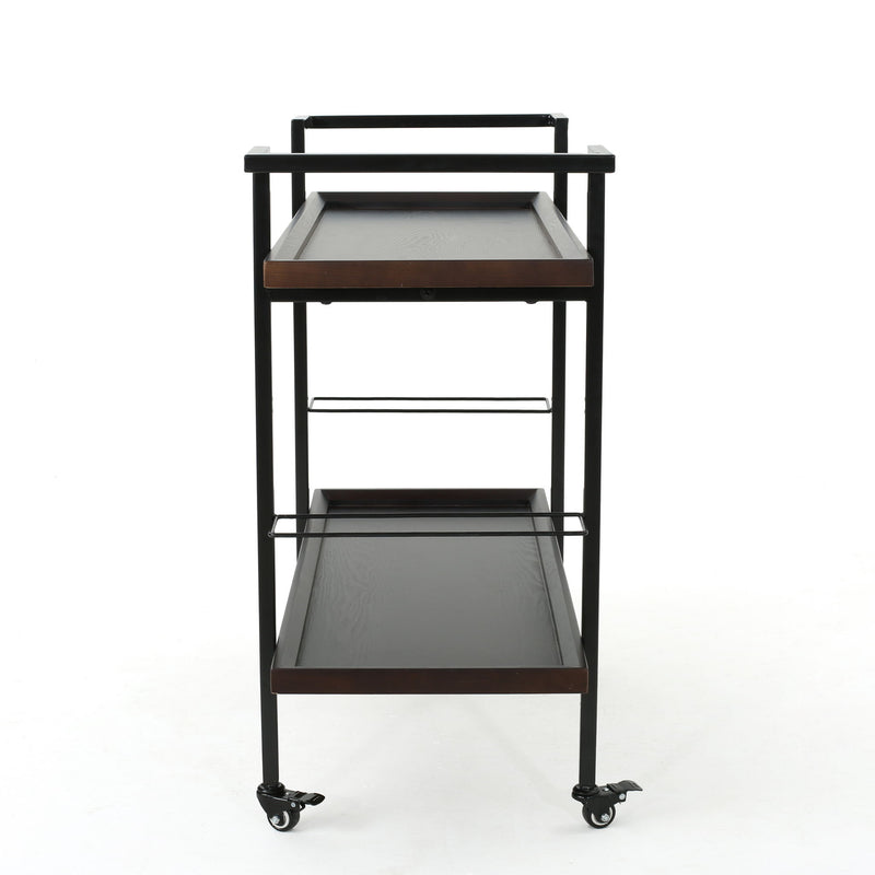 Modern industrial Noble House bar cart with shelving and casters, featuring a sleek metal frame and wooden shelves for stylish beverage storage.
