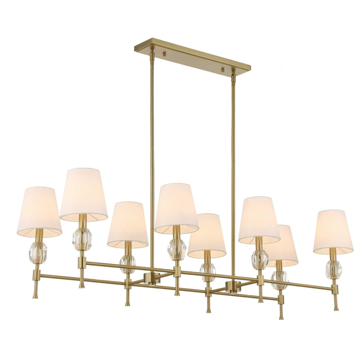 Uttermost Arques 8-light linear chandelier with white and gold finish, featuring sleek modern design and elegant light fixtures.