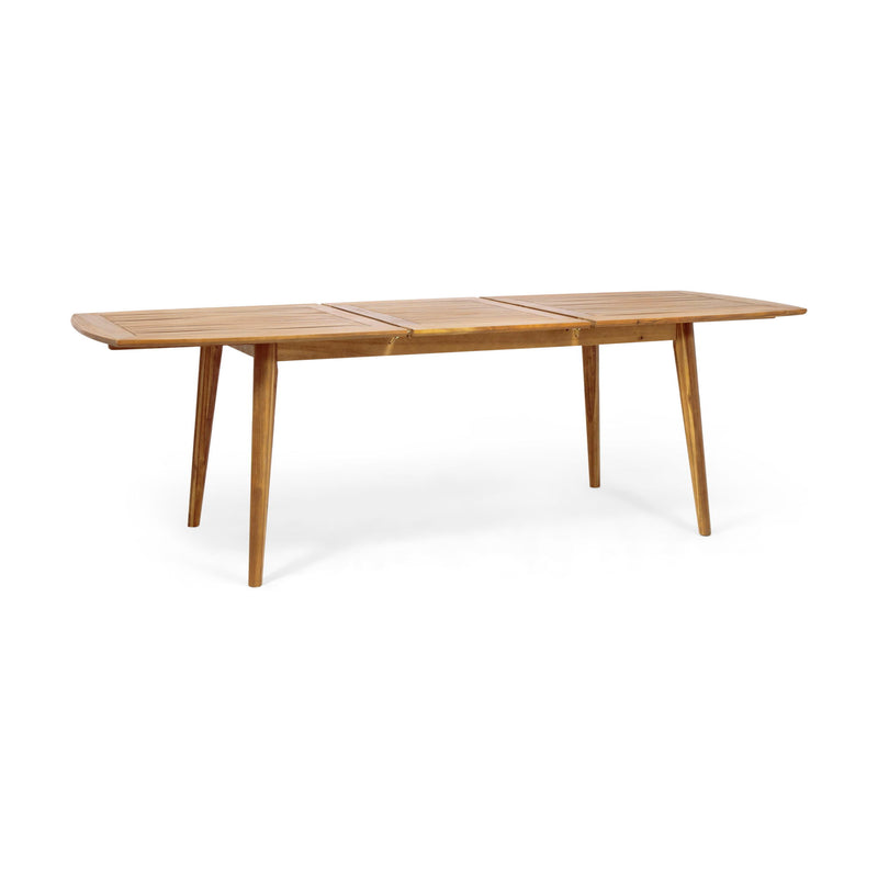 Noble House Placidity outdoor expandable dining table with slatted tabletop and tapered legs, perfect for outdoor dining spaces.
