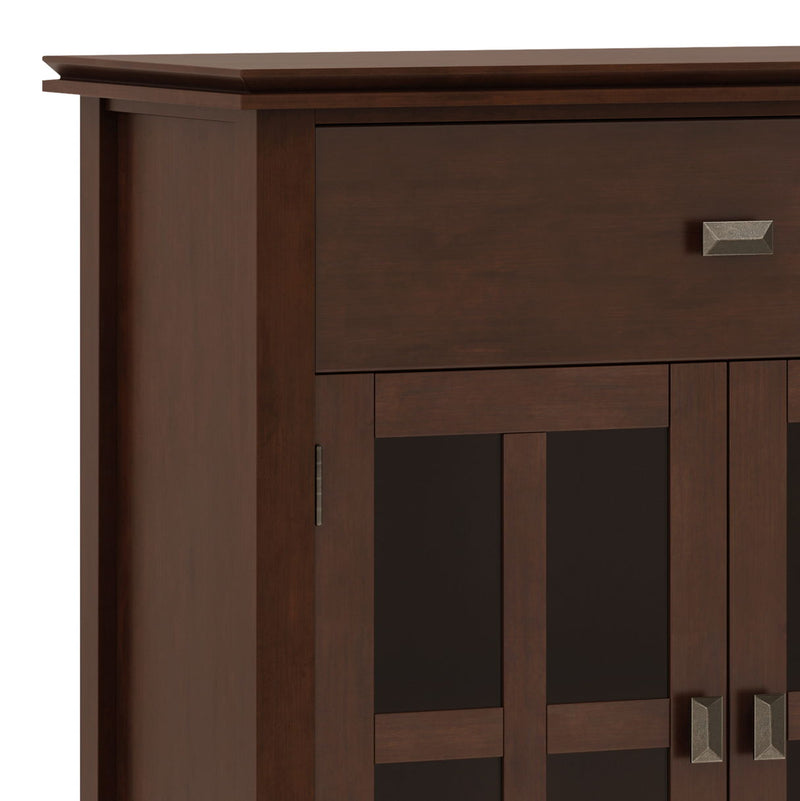 Simpli-Home Artisan large russet brown 4-door sideboard buffet with sleek wood finish and modern design.