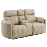 Elison - Motion Loveseat With Console - Dark Beige Polish Microfiber - R&R Furniture Gallery (Fountain Valley, CA)