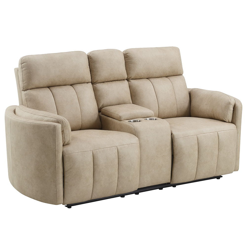 Elison - Motion Loveseat With Console - Dark Beige Polish Microfiber - R&R Furniture Gallery (Fountain Valley, CA)