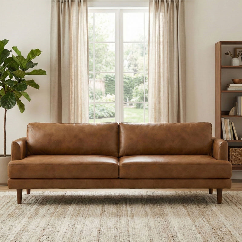 Livingston upholstered sofa by Simpli-Home, stationary sofa with plush cushions and fabric upholstery, modern living room furniture.