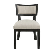 Set of two Noble House farmhouse style fabric upholstered side dining chairs with wooden legs and cushioned seats.