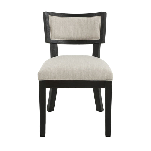 Set of two Noble House farmhouse style fabric upholstered side dining chairs with wooden legs and cushioned seats.