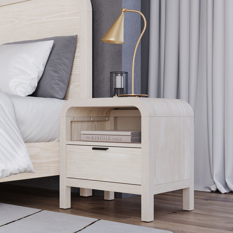 Modus Drake nightstand with one drawer, one shelf, and built-in USB charging port in sugar finish, shown as a standalone piece.