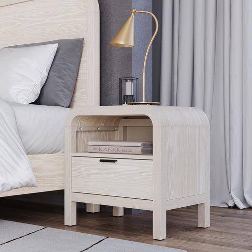 Modus Drake nightstand with one drawer, one shelf, and built-in USB charging port in sugar finish, shown as a standalone piece.