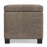 Simpli-Home Dover storage ottoman in smoky brown leather with lift-up lid and interior storage space.