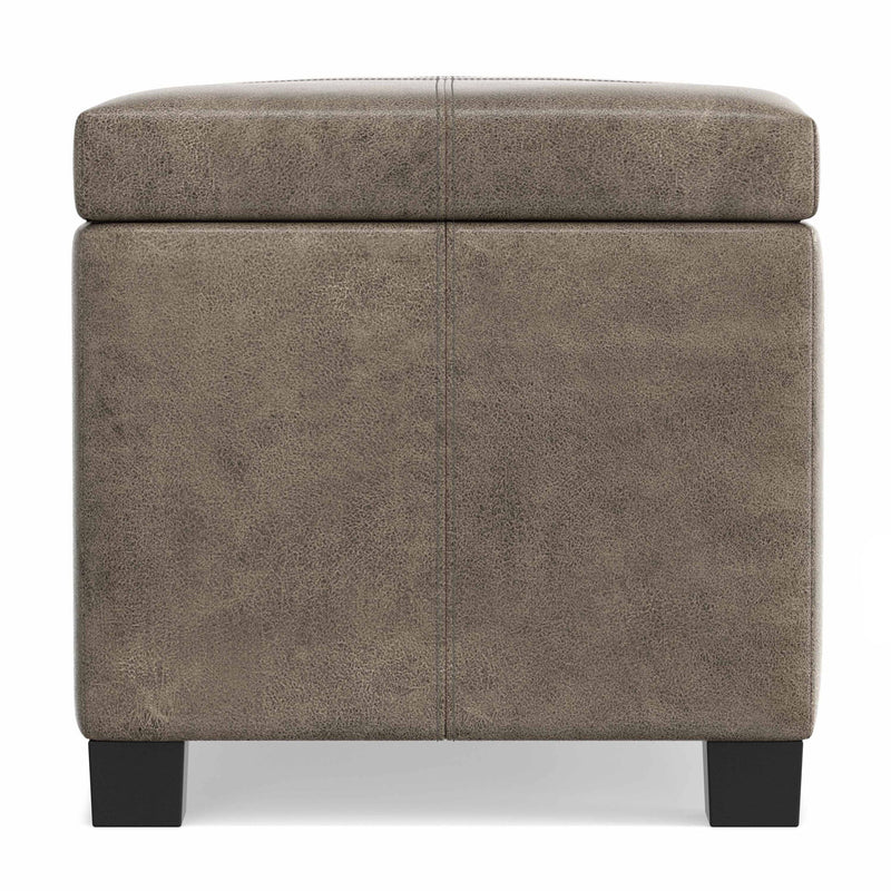Simpli-Home Dover storage ottoman in smoky brown leather with lift-up lid and interior storage space.