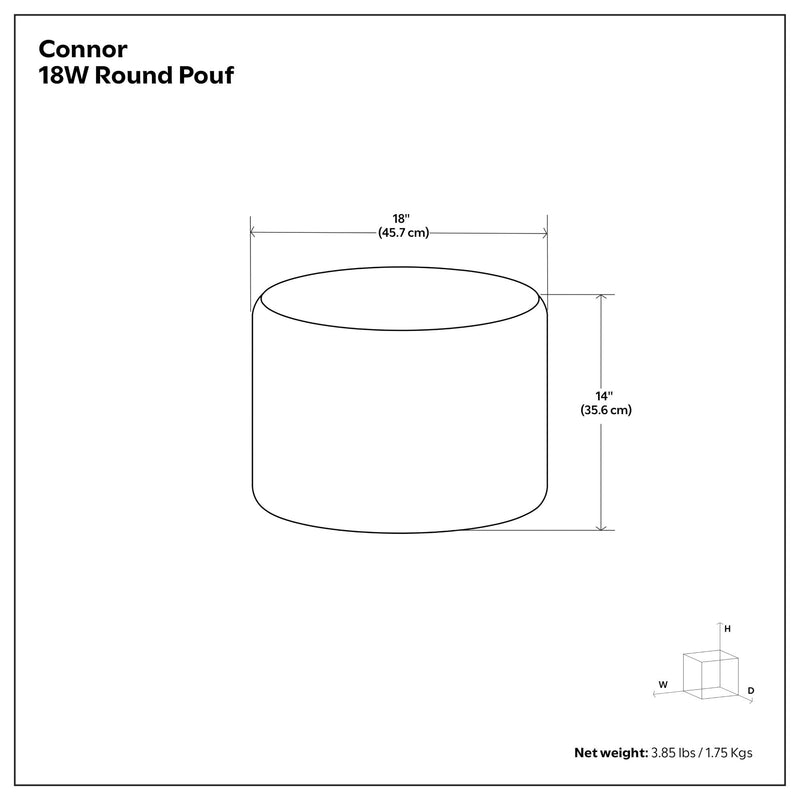 Round handcrafted Connor accent pouf by Simpli-Home, featuring a textured fabric surface and sturdy wooden legs.