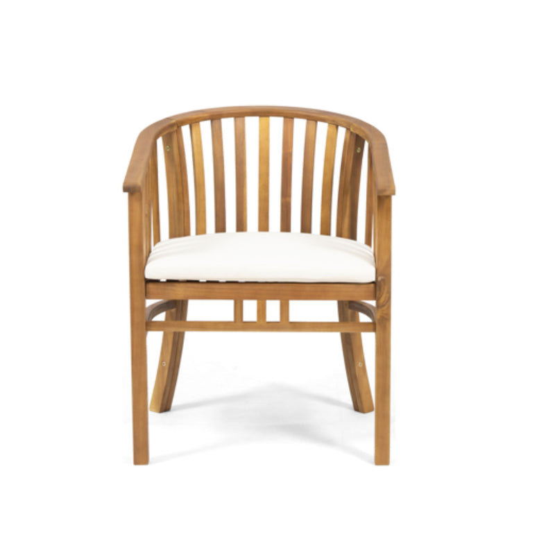 Noble House outdoor 7-piece dining set with cream cushions, includes six chairs and a matching table for outdoor dining.