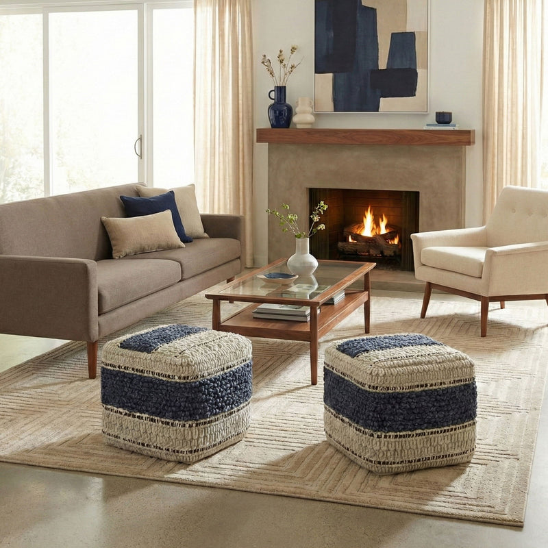 Simpli-Home Grady handcrafted square accent pouf with neutral fabric and plush cushioning, ideal for living room decor.