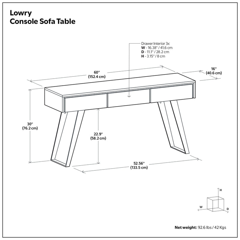 Simpli-Home Lowry Oak Console Sofa Table with sleek design and sturdy wooden construction, ideal for living room or entryway.