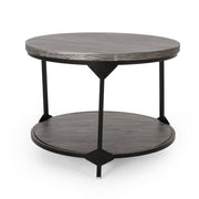 Gray coffee table with wood-patterned tabletop and black iron frame, modern Noble House coffee table for living room decor.