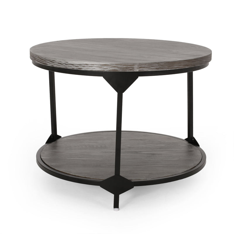 Gray coffee table with wood-patterned tabletop and black iron frame, modern Noble House coffee table for living room decor.