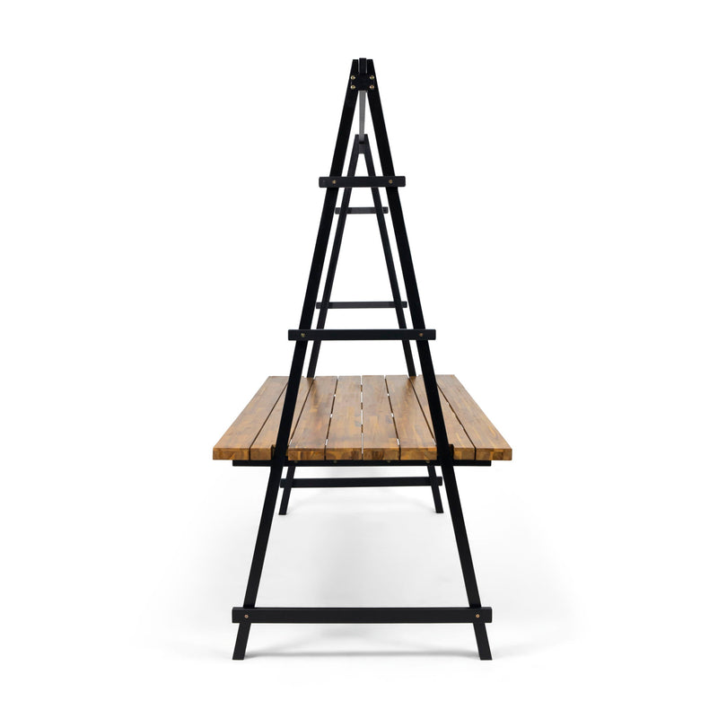 Noble House Huckleberry Acacia wood outdoor dining table with built-in plant hanger, teak finish, and sturdy design.