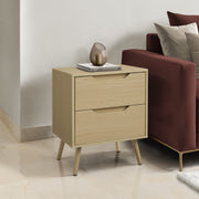 Natural wood accent table with storage drawers by 8th Street, showcasing a compact design with a smooth finish and functional drawers.
