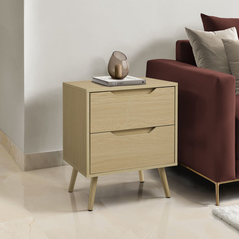 Natural wood accent table with storage drawers by 8th Street, showcasing a compact design with a smooth finish and functional drawers.